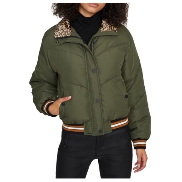 Sanctuary Leopard-Trimmed Puffer Coat Olive Green - Picture 3 of 7